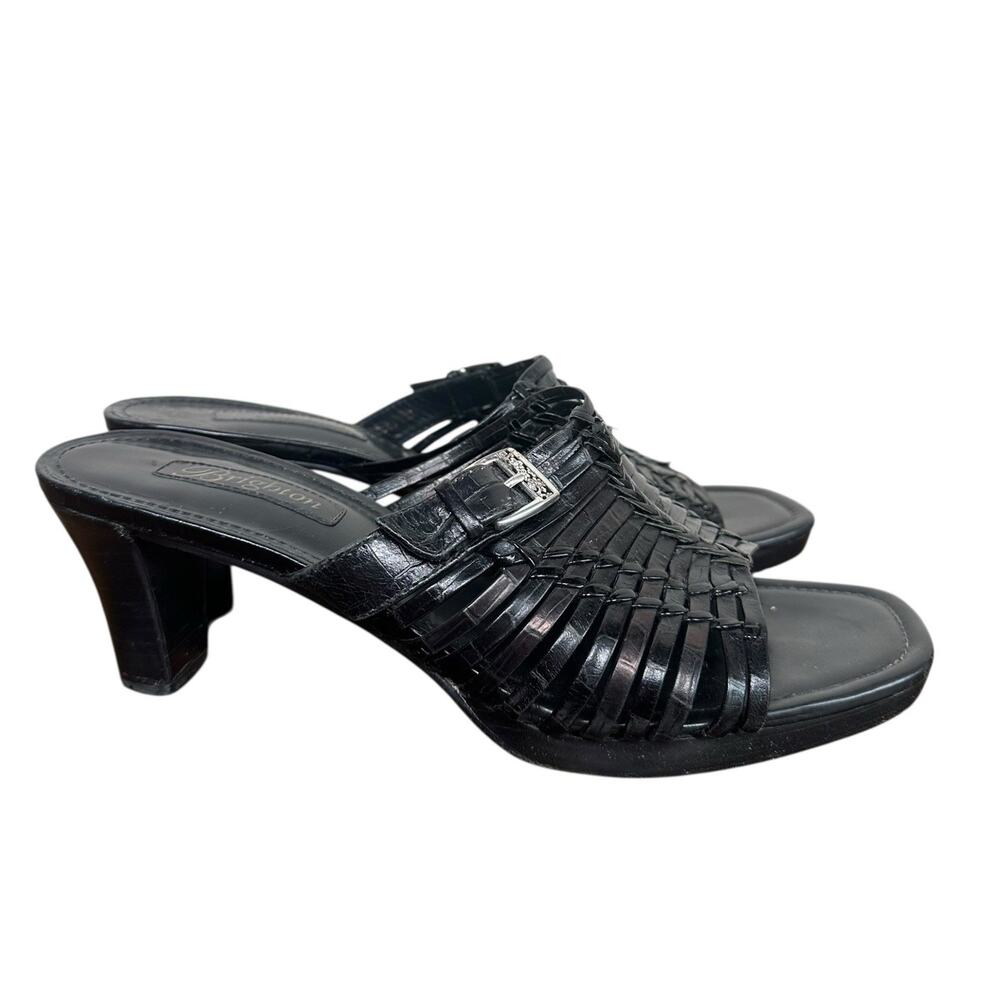 Brighton Peach Strappy Black Leather Short Chunky 3” Heels Silver Buckle Size 9